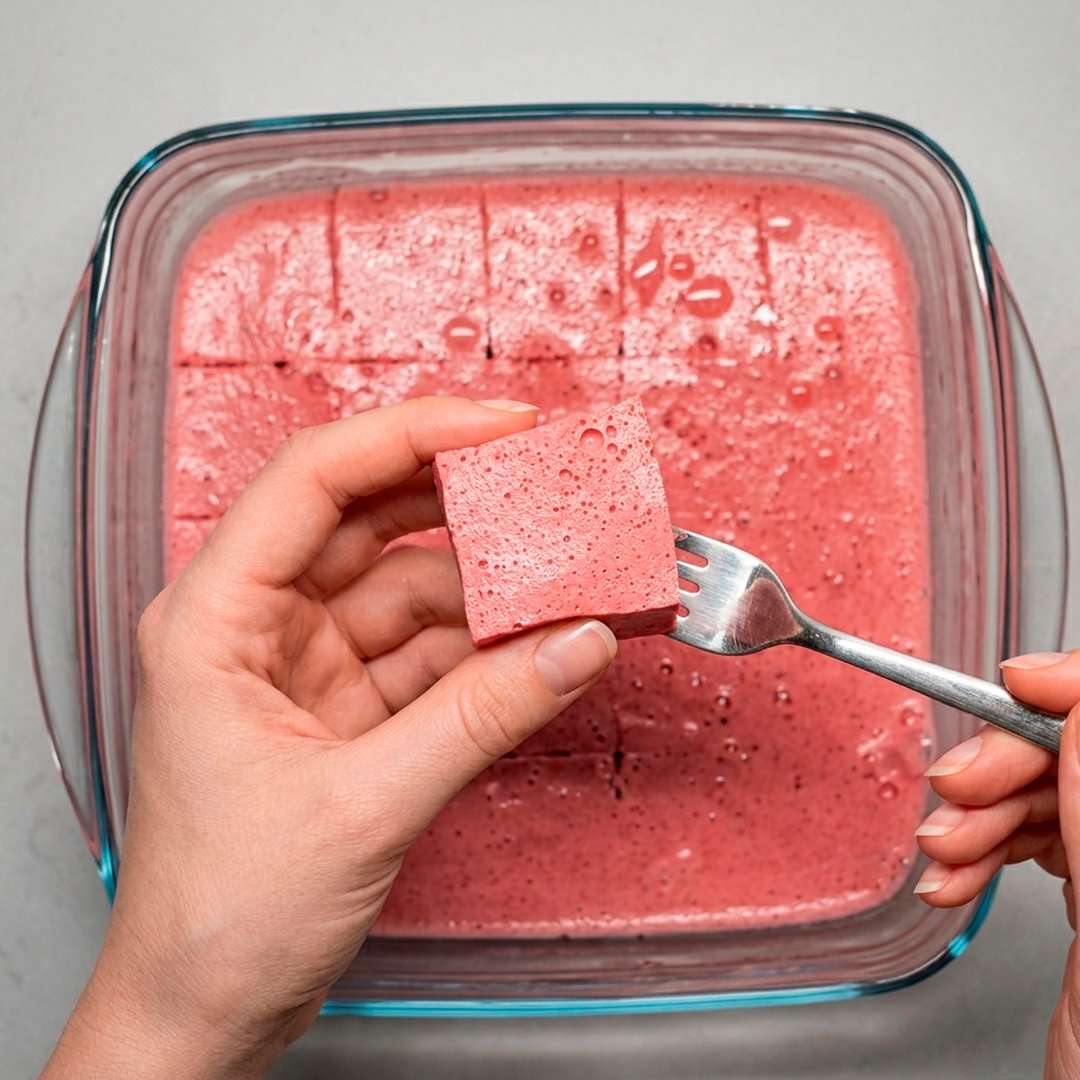 Overhead view of pink strawberry foam jelly squares in glass dish, one square being lifted with a fork showing the airy cloud-like texture
